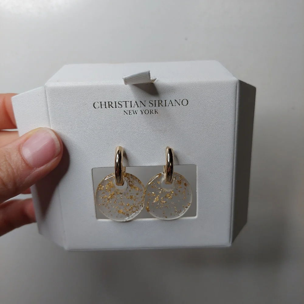 NEW Christian Siriano New York Clear Round Drop Earing With Gold Specks!  1 1/4" - Picture 3 of 6